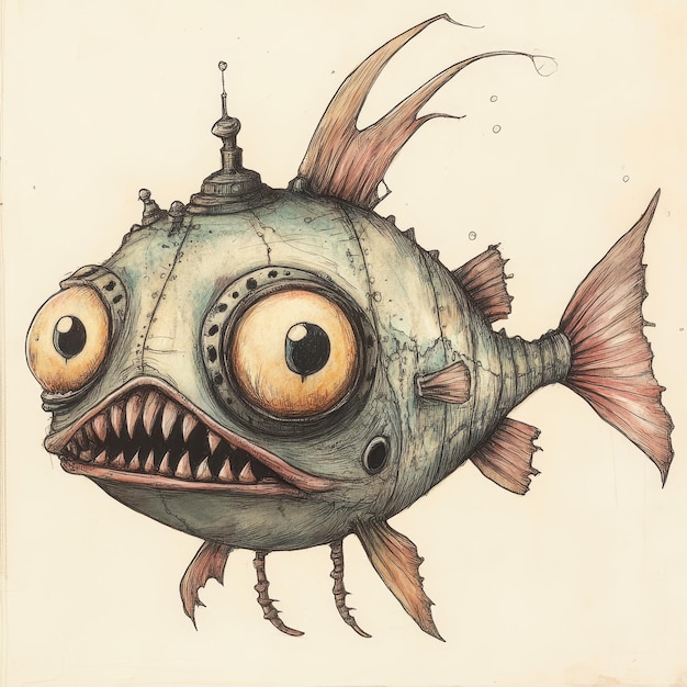 Photo vintage hand drawn illustration of a cute cartoon fish with big eyes