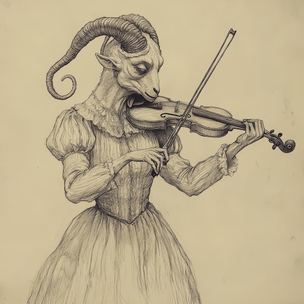 Photo vintage hand drawn illustration of a goat playing the violin drawing on paper