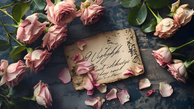 Photo vintage handwritten birthday wishes on a postcard surrounded by romantic rose petals and nostalgic memories