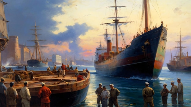 Vintage harbor scene with ships and sailors