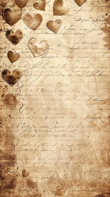 Photo vintage heart pattern on old paper with handwritten text