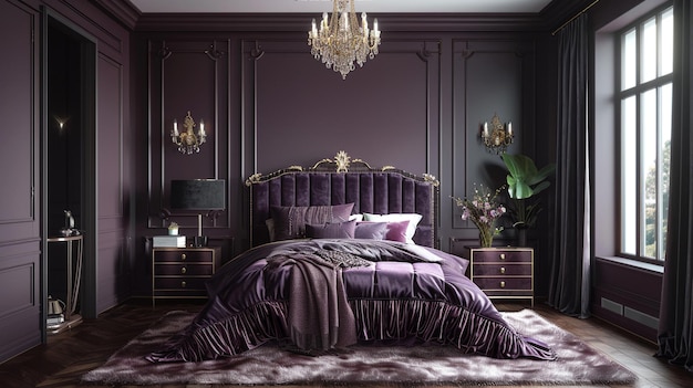 Photo vintage hollywood glamour bedroom with deep plum walls and luxe velvet bedding