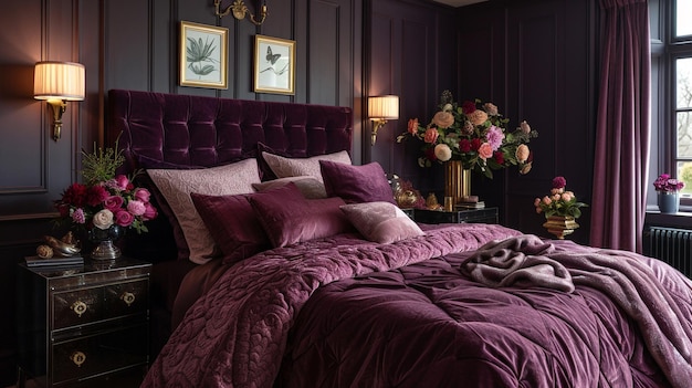 Photo vintage hollywood glamour bedroom with deep plum walls and luxe velvet bedding