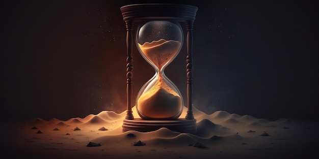 Vintage Hourglass 3D render with Glowing Sand inside with space for copy