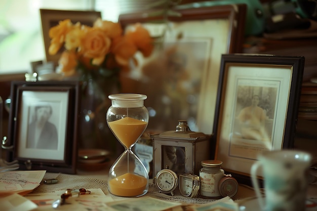 Photo vintage hourglass and clocks surrounded by old pictures and objects