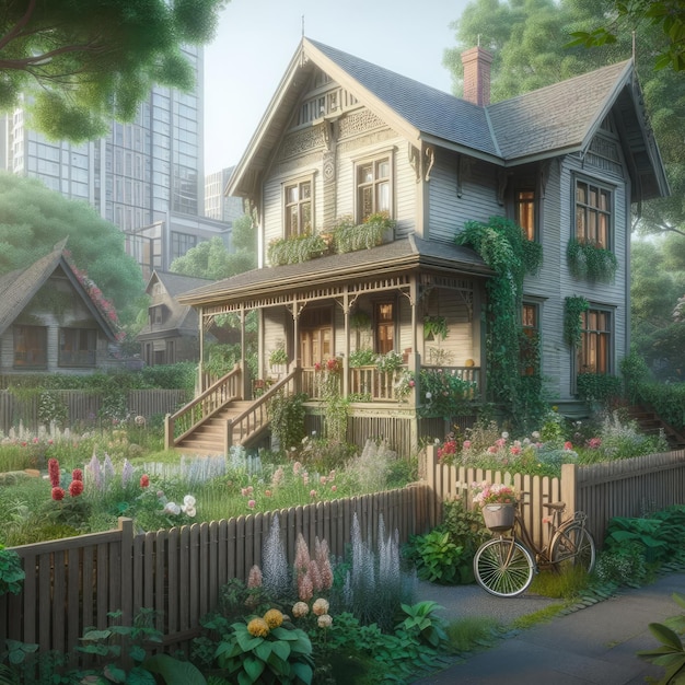 A vintage house in the middle of a green city with a garden full of flowers a wooden porch