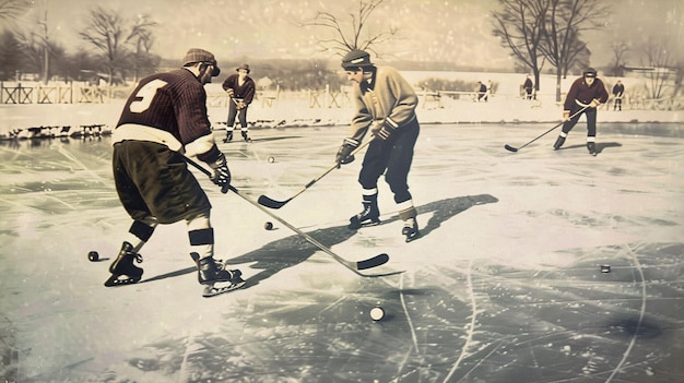 Photo a vintage ice hockey game being played outdoors