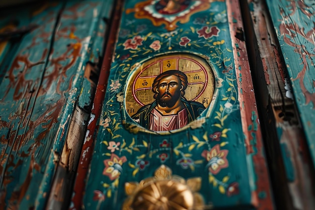 Photo vintage iconography on wooden church door