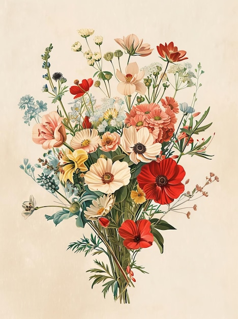 Vintage illustration of a bouquet of wild flowers in red and pastel