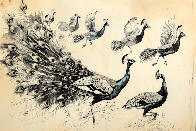 Photo a vintage illustration depicting peacocks in various courtship poses a series of sketches illustrating the mating rituals of peacocks