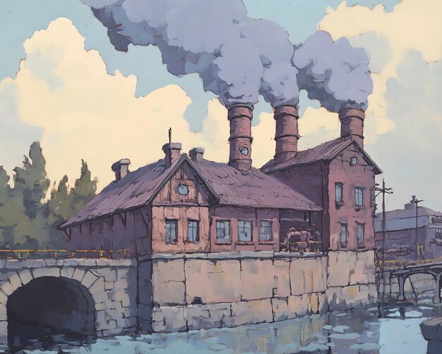 Vintage illustration of a factory building by a river with smoke stacks