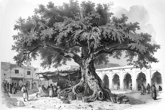 Vintage illustration of fig tree in Algiers market published in 1841