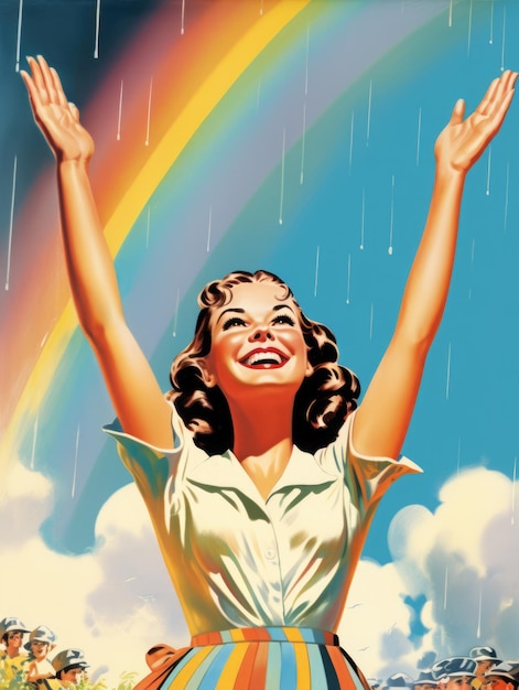 Vintage illustration of a girl with a rainbow on background