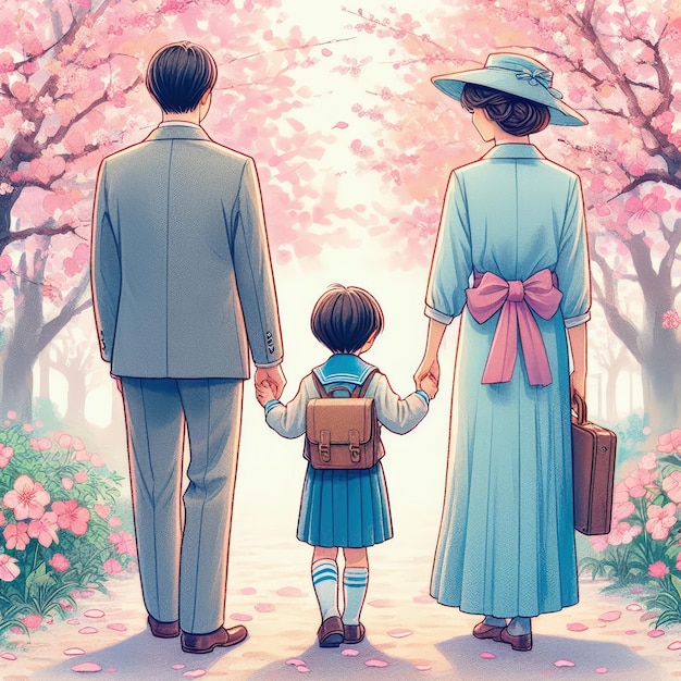 Vintage illustration of japanese family holding hands on cherry blossom background