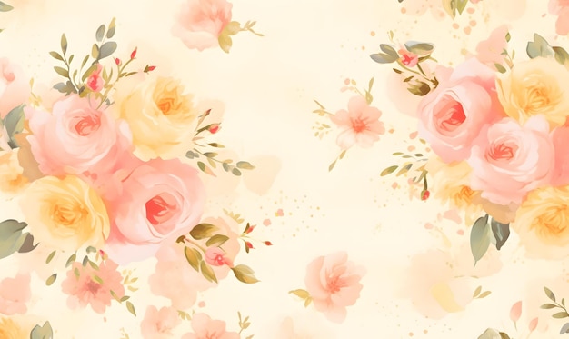 Vintage illustration of pink watercolor roses on yellow background