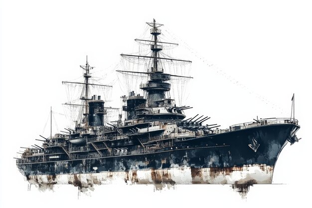 Photo a vintage illustration of a powerful battleship against a white background this image symboliz