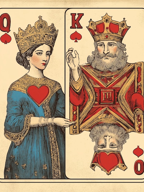 Photo vintage illustration of the queen and king of spades playing cards