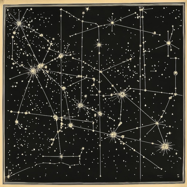 Vintage illustration of a star chart with constellations on a black background