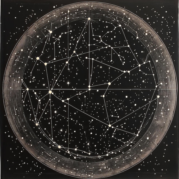 A vintage illustration of a star chart with constellations drawn with white lines on a black background