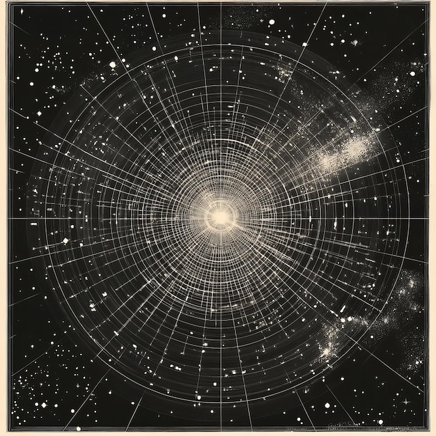 Vintage illustration of a star chart with a grid and white dots on a black background