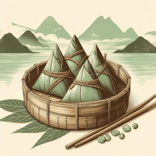 Photo vintage illustration zongzi is placed in a traditional bamboo basket