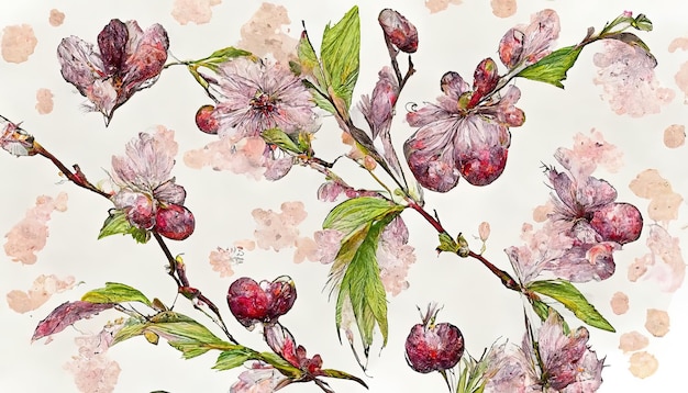 Vintage imprints blooming wild cherry mix repeat seamless pattern Generative Ai