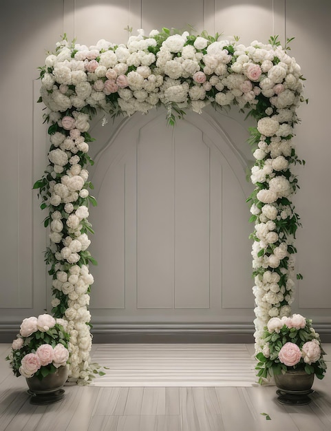 Vintage indoor wedding backdrop with roses and greenery