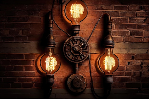 A vintage industrial brick wall with old light fixtures and wiring still intact