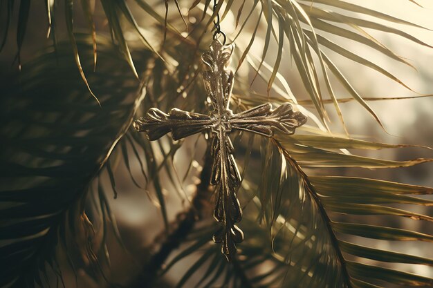 Photo vintage inspired sacred cross made of distressed metal and a cross palm sunday photo christian art