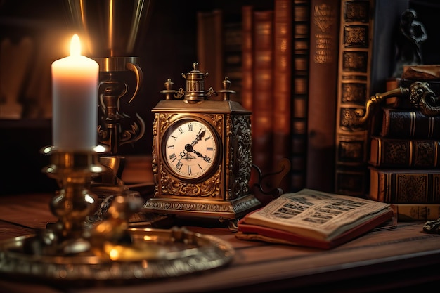 Vintage Interior with antique clock books and candlestick