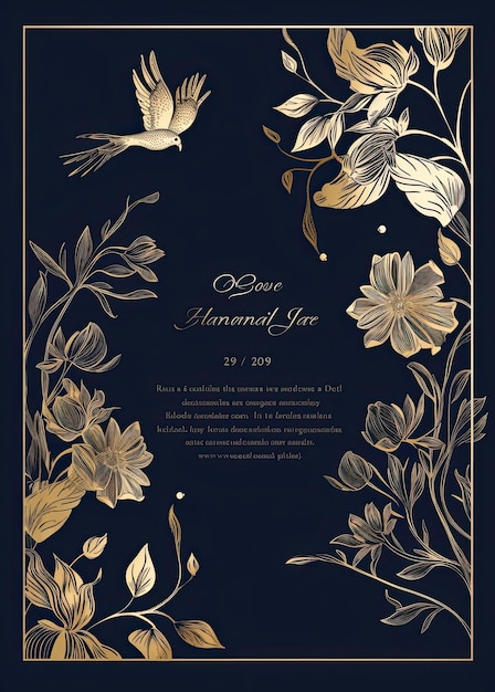 Photo vintage invitation card with golden flowers on dark background vector illustration