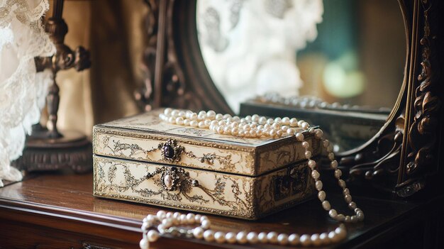 Photo vintage jewelry box with pearl necklace