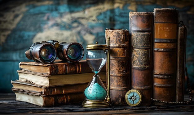 Photo a vintage journal and hourglass with binoculars a compass and old books placed in a surreal