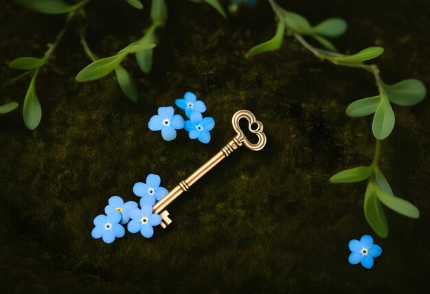 A vintage key and blue forgetmenot flowers on a dark moss background with a dreamy and mystical atmosphere