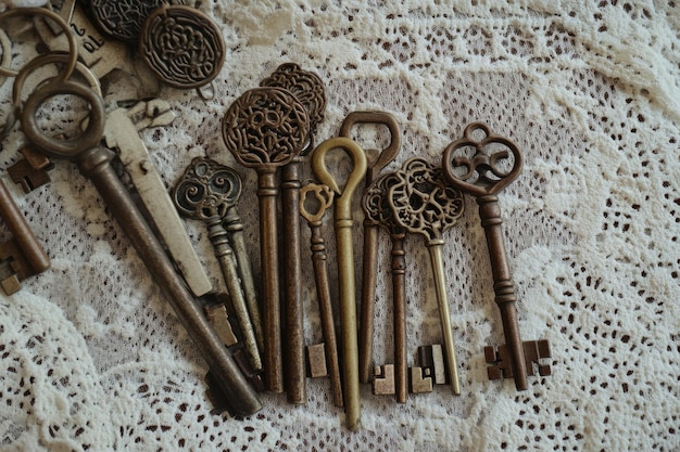 Photo vintage keys on lace fabric embodying the essence of forgotten stories