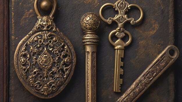 Photo vintage keys and ornate metal trinket closeup