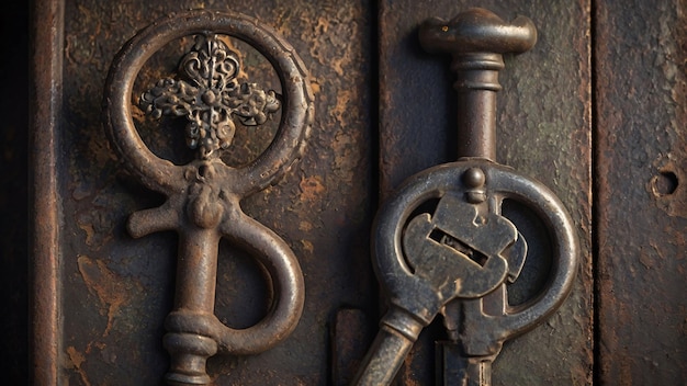 Vintage keys on rustic wooden background