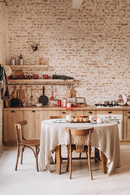 Vintage kitchen interior with wood furniture