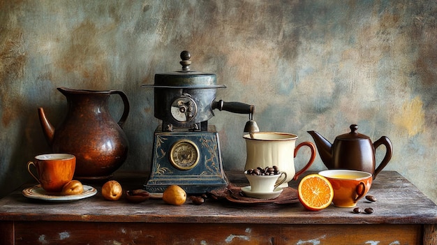 Vintage Kitchen Still Life with Coffee Grinder and Coffee Pot