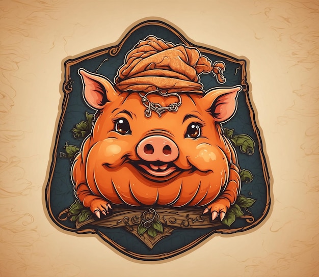 Photo vintage label with a cute pig in a hat and pumpkin style vector illustration