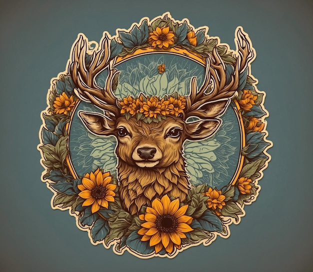 Vintage label with deer and sunflowers Vector illustration