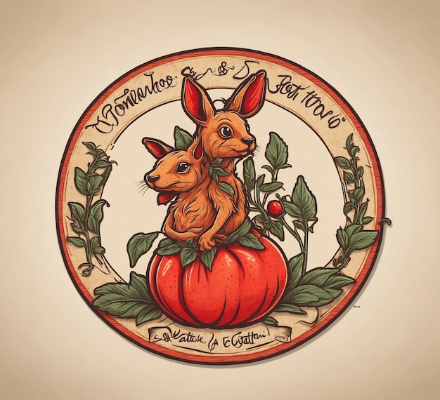 Vintage label with fox and pumpkin Hand drawn vector illustration