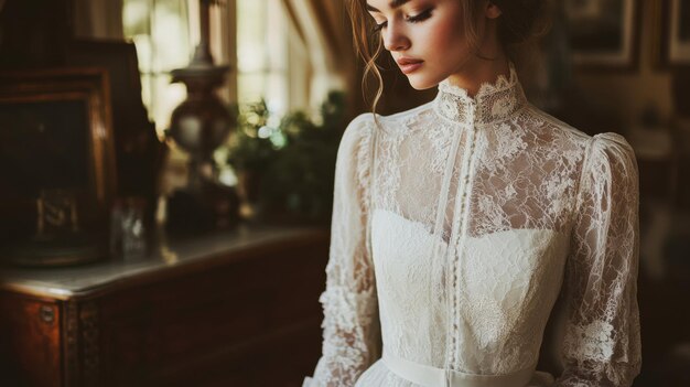 Photo vintage lace wedding dress in elegant antique setting