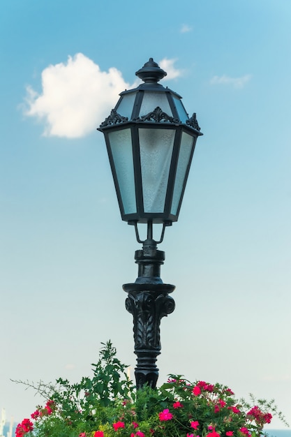 Vintage lamp post with flower bed close up