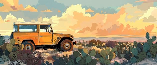 A Vintage Land Cruiser Amidst The Vastness Of The Texan Desert Cartoon style