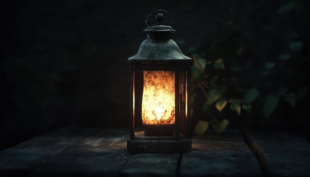 Photo a vintage lantern glowing softly in the dark surrounded by a rustic ambiance evoking a warm