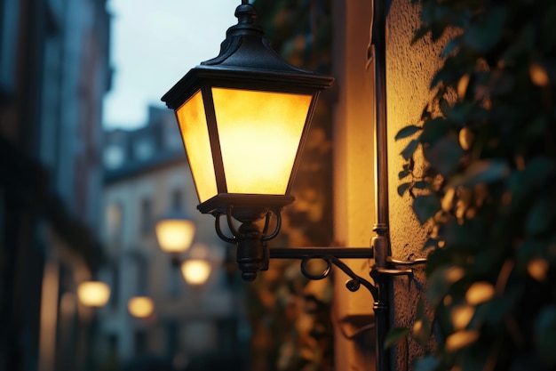 Vintage lantern illuminates city street with warm glow