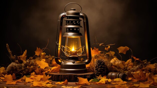 A vintage lantern surrounded by fallen leaves