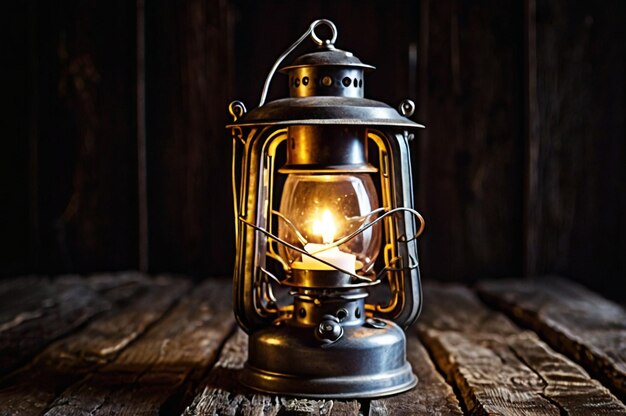 Photo vintage lantern with flickering candle on old wooden surface dark halloween background