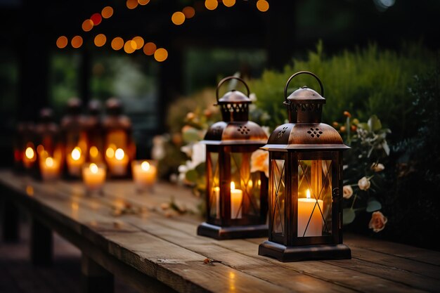 Vintage lanterns illuminating a twilight garden reception